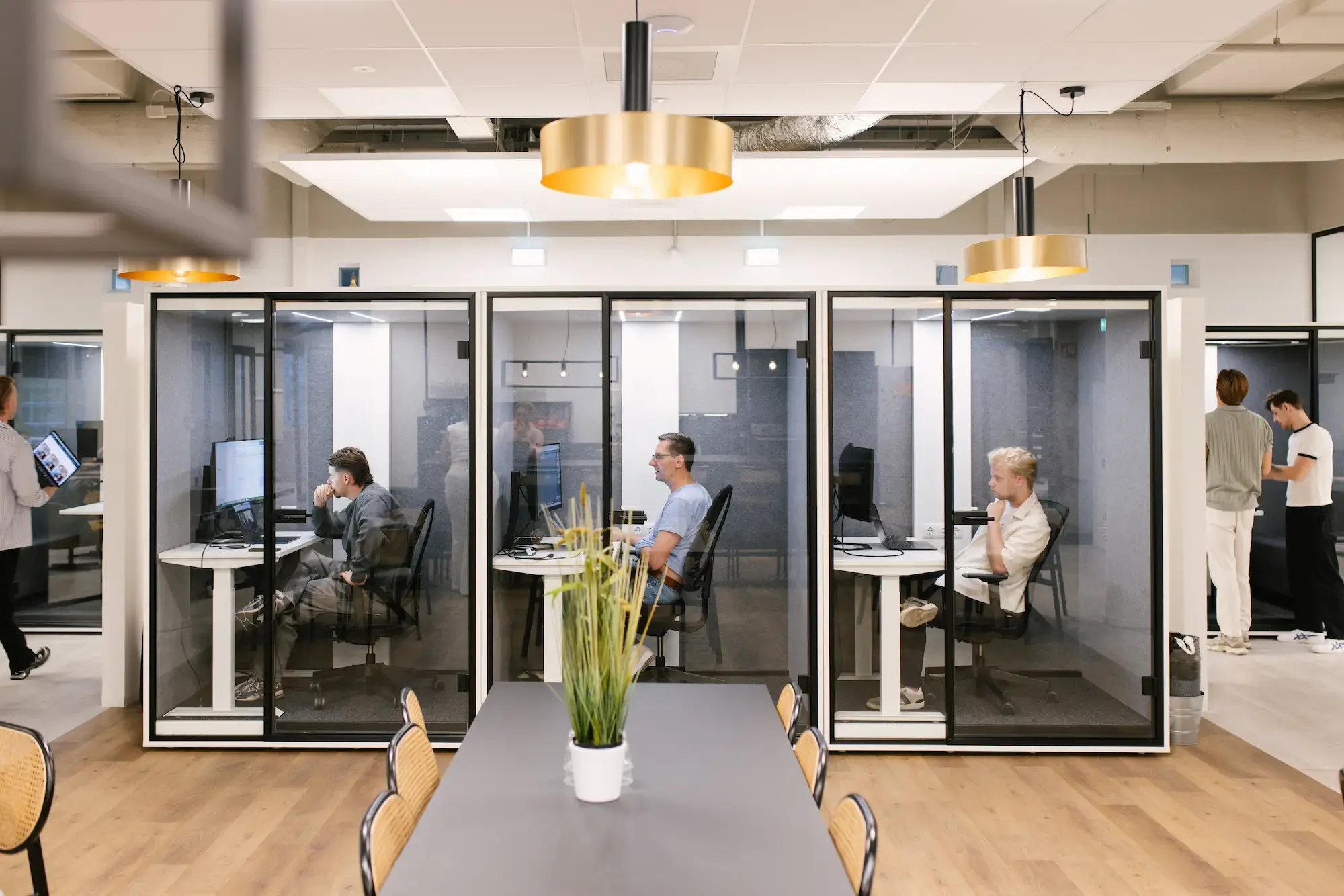 People working in phone boots