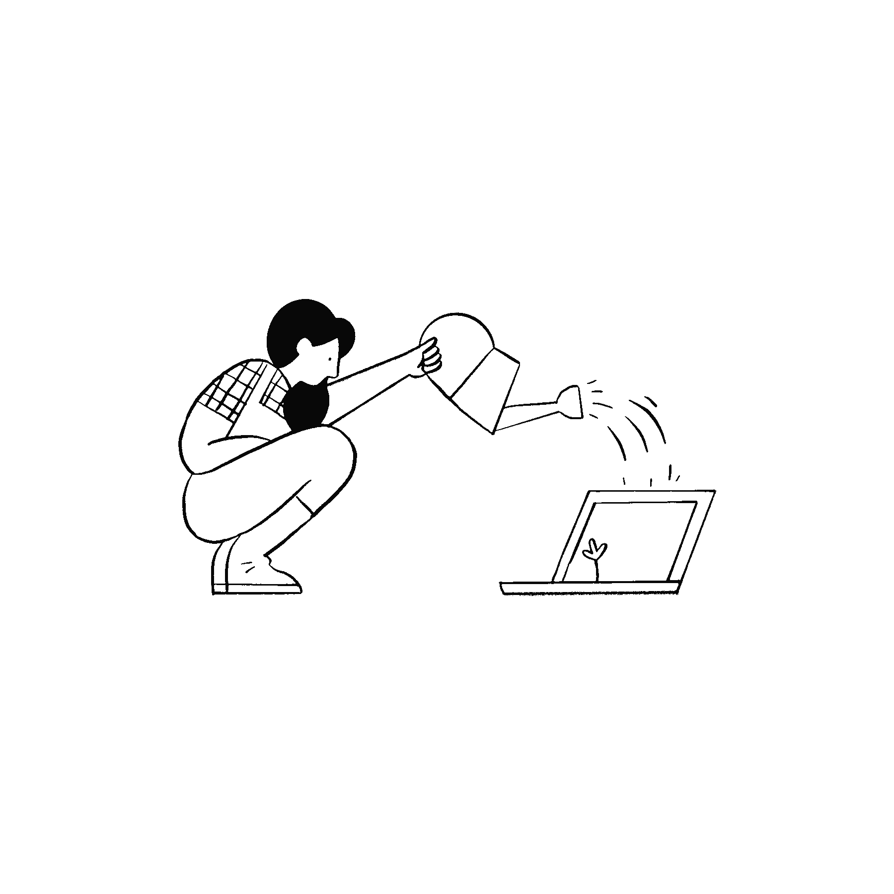 Online growth Illustration of a woman watering a laptop