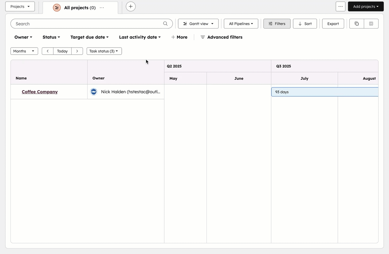 Voorbeeld Gantt chart in Hubspot Projects