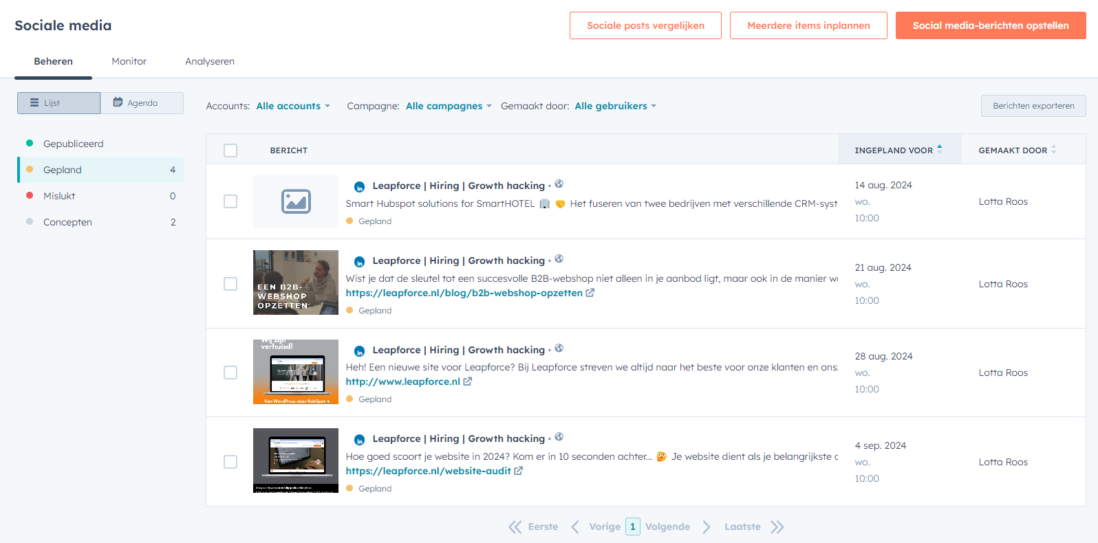 Ingeplande social media posts in HubSpot