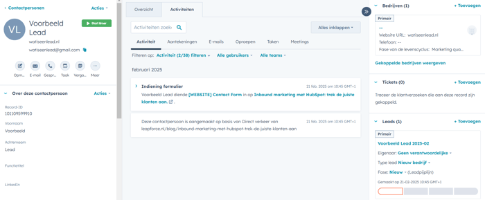 Voorbeeld lead in HubSpot