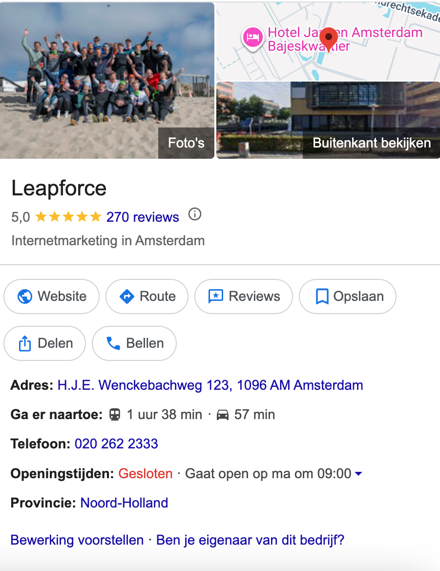 Google My Business profiel van Leapforce